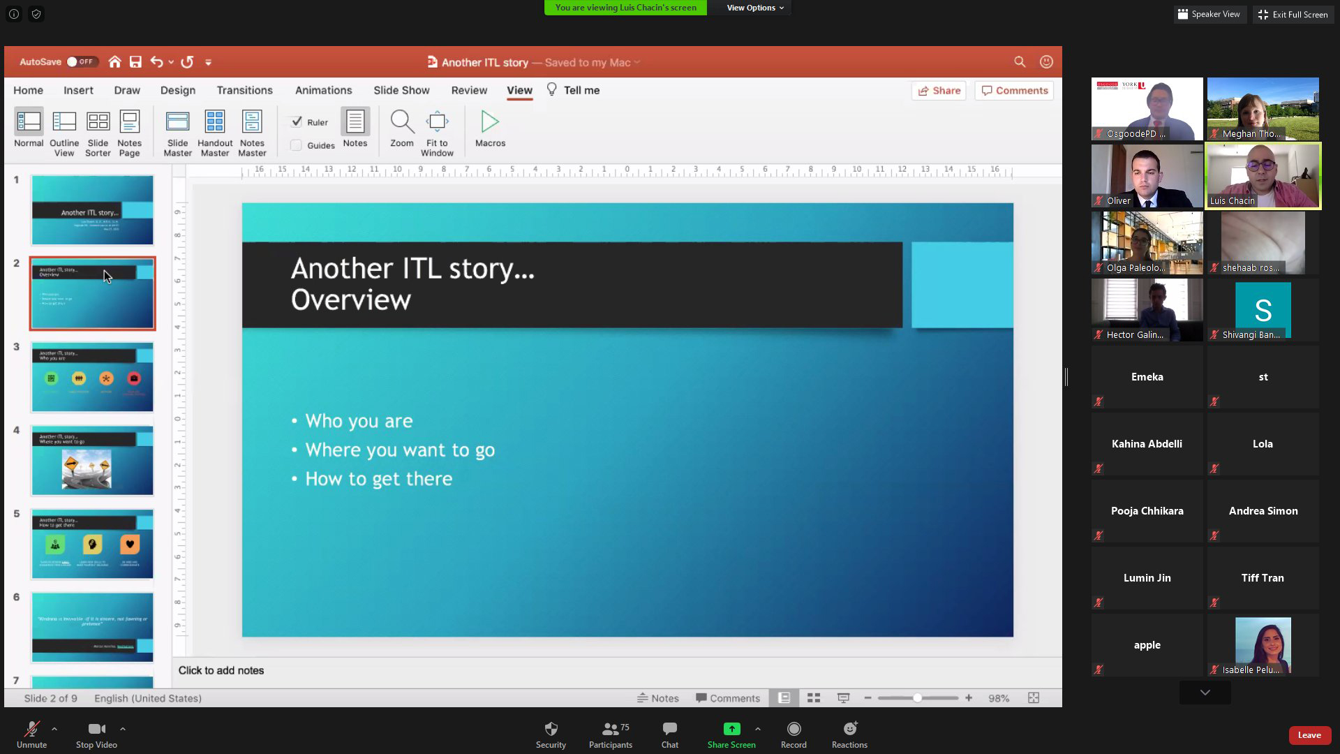Screenshot from OITLD Zoom - Slide reads "Another ITL story...Overview." 