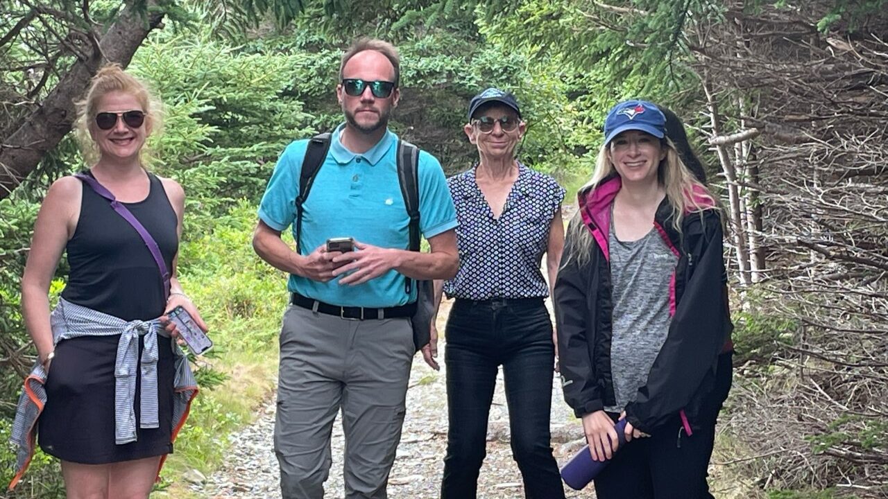 (Pictured: Rhona Buchan, John Tieman, Ellen Tieman, Kim Gale on the Burnt Head hiking trail at Cupids)
