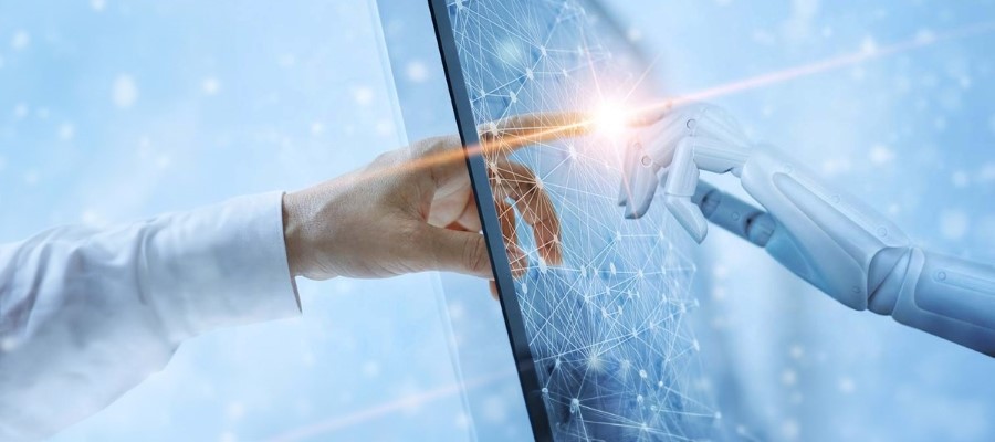Hand touching computer screen, representing artificial intelligence